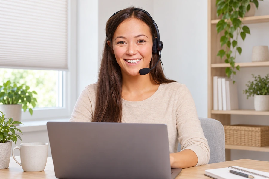 Kundenberater mit Headset an einem hellen Arbeitsplatz