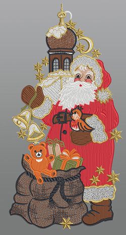 Fensterbild aus Plauener Spitze® - Weihnachtsmann mit Geschenkesack #1W mehrfarbig