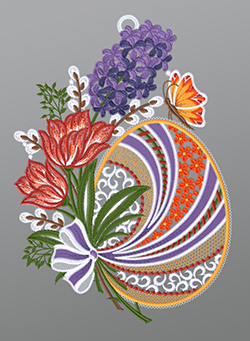Fensterbild aus Plauener Spitze - Osterei mit Frühlingsblumen #1W mehrfarbig