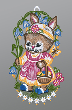 Fensterbild aus Plauener Spitze - Hasenmädchen mit Glockenblumen #1W mehrfarbig