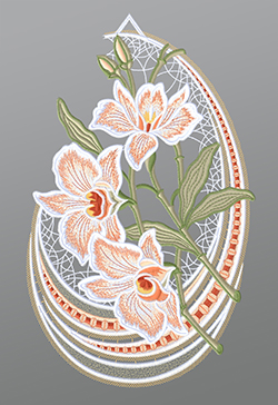 Fensterbild aus Plauener Spitze - Orchideen mit Designbogen #1W mehrfarbig