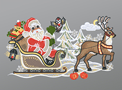 Fensterbild aus Plauener Spitze - Weihnachtsmann mit Schlitten und Rentier #1W mehrfarbig