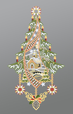 Fensterbild aus Plauener Spitze - Kirche mit Winterlandschaft und Tannenbaum #1W mehrfarbig