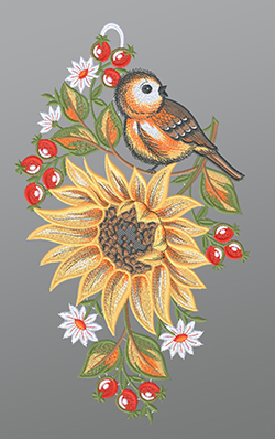Fensterbild aus Plauener Spitze - Sonnenblume mit Vögelchen #1W mehrfarbig