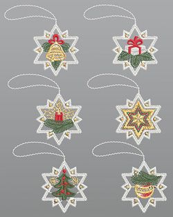 Fensterbilder aus Plauener Spitze® - 6er SET Weihnachtliche Sterne #1W mehrfarbig