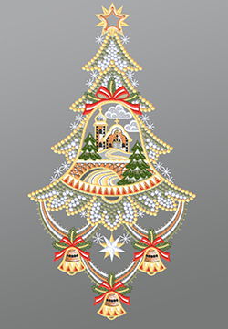Fensterbild aus Plauener Spitze - Weihnachtsbaum mit Kirche #1W mehrfarbig