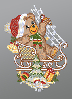 Fensterbild aus Plauener Spitze - Weihnachtsbär mit Schlitten #1W mehrfarbig