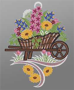 Fensterbild aus Plauener Spitze® - Schubkarre mit Blumen #1W mehrfarbig