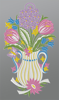 Fensterbild aus Plauener Spitze® - Vase mit Frühlingsblumen #1W mehrfarbig